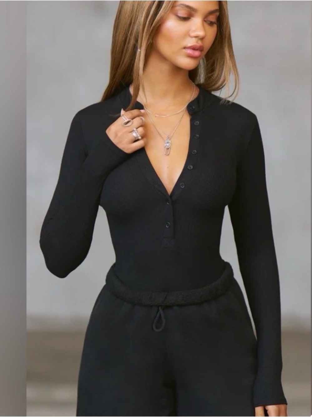 Joah Brown Ribbed Long-Sleeve Henley Bodysuit-Dark Charcoal Grey